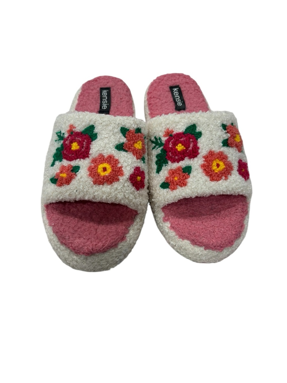 Kensie Ivory Bouclé Slide Slippers with Pink Footbed and Floral Embroidery